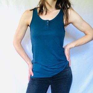 Sheer layers ruffle back hem mixed modal ruffle teal blue tank